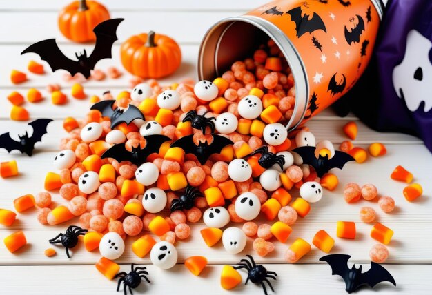 pot-de-bonbons-halloween-renversé-avec-des-citrouilles-en-décoration